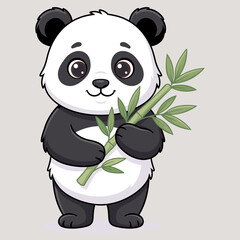 Cute baby panda vector illustration. Kawaii cartoon giant panda bear standing and holding green bamboo stalk with leaves on grey background.  © Rokibul