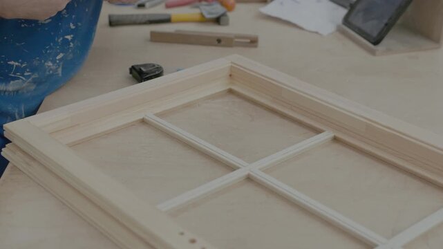 Worker aligning and measuring a wooden window frame on a workshop bench during factory assembly, with tools in the background and copy space