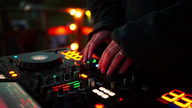 energetic dj mixing music in a nightclub environment with close-up perspective of hands and console. red and yellow lighting equipment visible. commercial music events and entertainment.