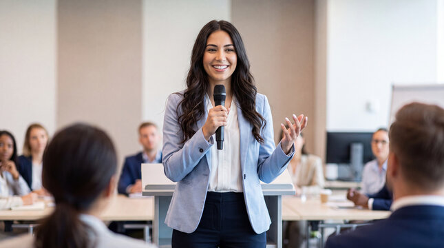 Woman presenting to an audience in a modern conference room, holding a microphone with engaged listeners seated at tables