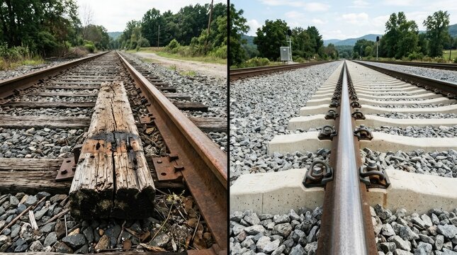 Railway tracks with wooden and concrete sleepers