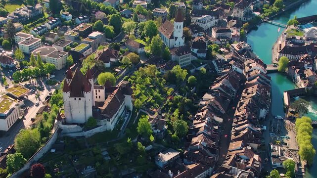 Aerial view around the old town of the city Thun, switzerland on a sunny spring morning