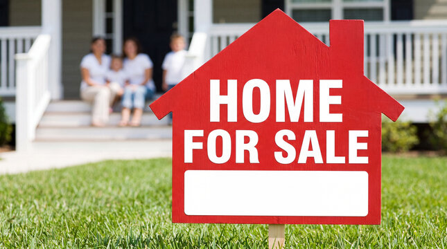 Red home for sale sign in front of a house with a family sitting on the porch, green lawn and steps visible in the background