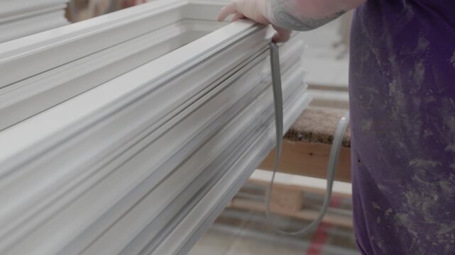 Close-up of a worker fitting rubber insulation gasket into stacked window frames during workshop assembly