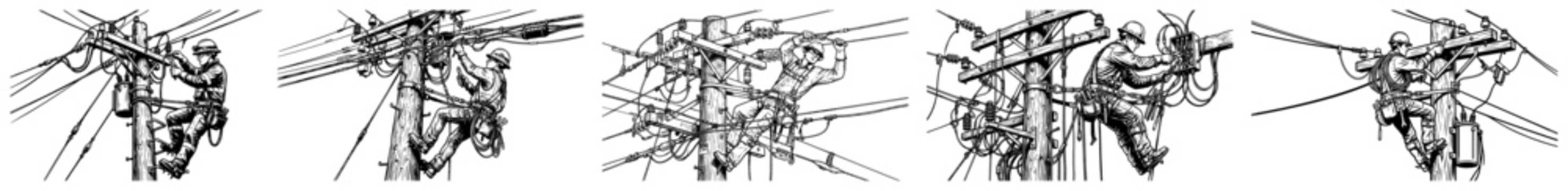 Electrician line workers repairing utility poles and power lines technical sketch set