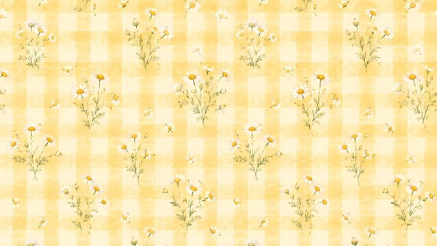 Seamless pattern with yellow gingham check and watercolor daisy flowers