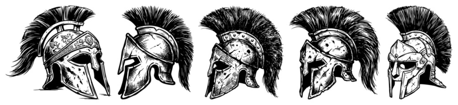 Spartan gladiator helmets set in vintage engraving style