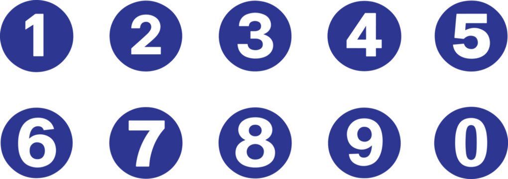 Blue round number button icons set with numbers 1 to 10, clean circular vector design for UI and labels.