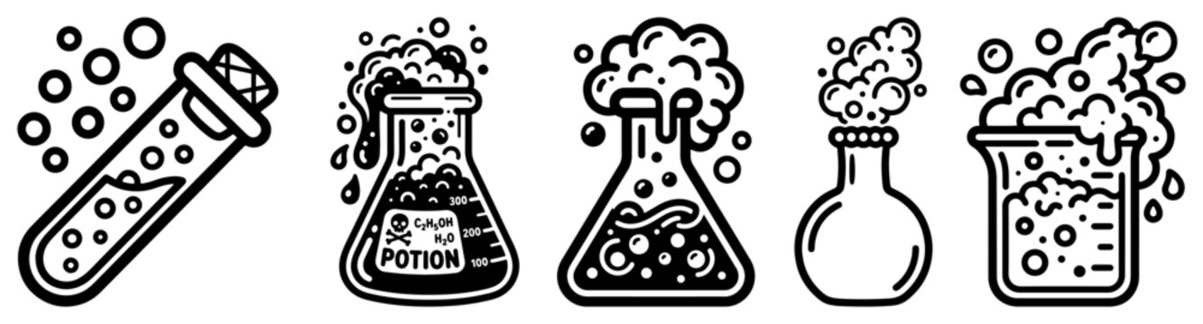 Chemistry lab glassware set with test tubes and flasks for science experiment in outline vector style