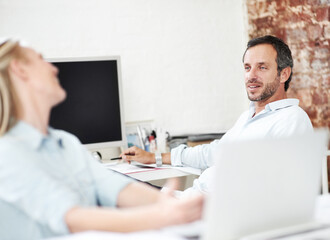 Fototapeta premium Discussion, team and manager with business man in office for meeting, marketing idea and research. Project management, collaboration and target audience review with employees in creative agency
