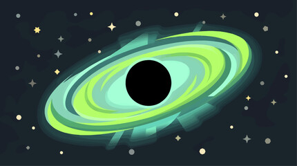 Black Hole with Glowing Lime Green Accretion Disk in Deep Space, Flat Vector Illustration of Cosmic Phenomenon with Scattered Stars and Dark Nebula Background, Minimalist Astronomy Graphic Design © Zalfastudio
