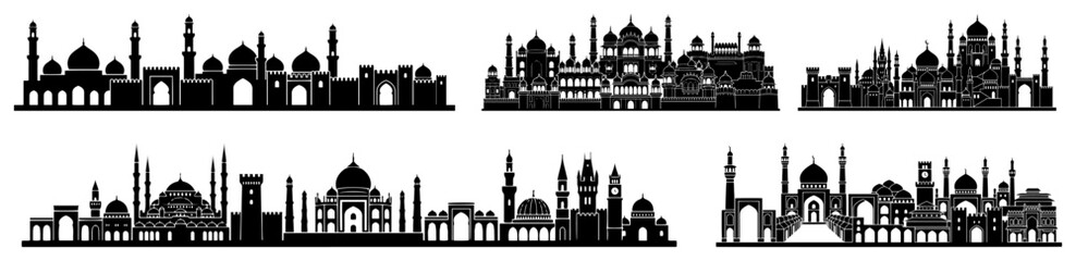 Fototapeta premium Islamic architecture mosque silhouettes and oriental city skyline borders