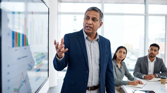 Mature Indian businessman presenting financial charts on screen during corporate meeting in modern office boardroom. Senior manager training diverse colleagues.