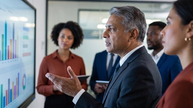 Mature businessman pointing at financial chart on interactive screen during corporate team presentation. Professional senior executive leading analytics meeting.