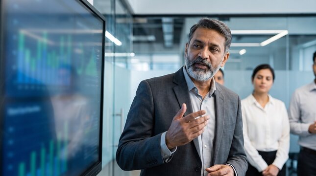 Confident senior businessman presenting financial charts on screen to corporate team in office. Mature executive leading marketing presentation and business strategy.
