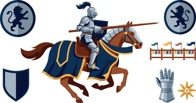 Medieval Jousting Knight Clipart Collection Vector Featuring Armored Warrior Riding Galloping Horse with Lance Heraldic Lion Badges and Gauntlet Elements