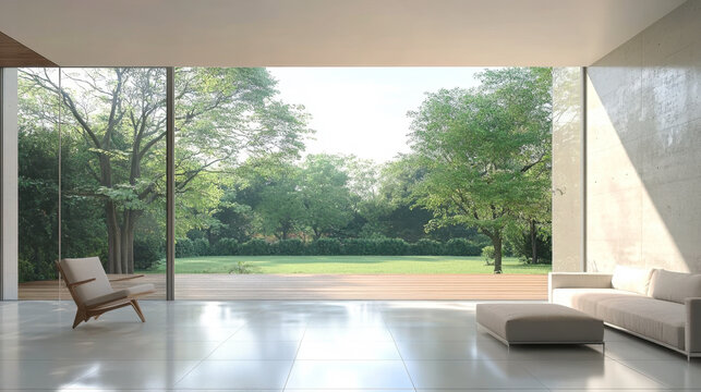 Modern contemporary style empty room with large window overlooking tropical green nature garden background