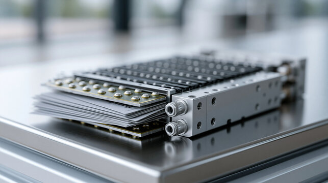 Proton exchange membrane electrolyzer stack disassembled on a stainless steel workbench under sterile white light, platinum-coated membranes fanned out like playing cards,