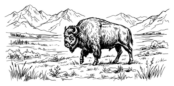 American bison in mountain landscape in hand drawn engraving style