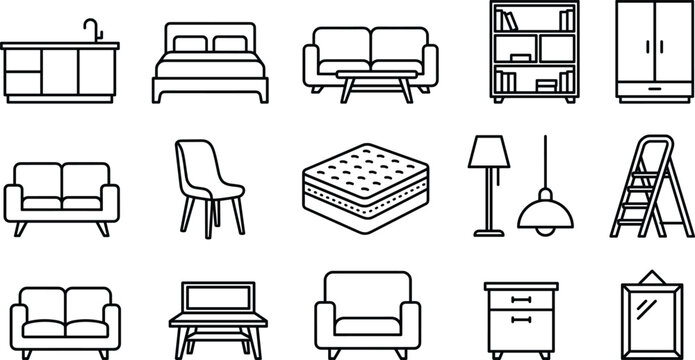 Home furniture and interior decor vector line icon set for apartment store room layout
