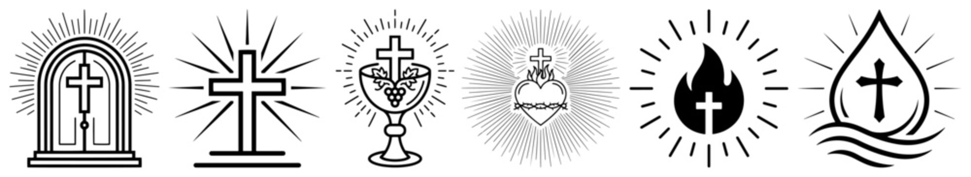 Christian religious symbols set featuring cross sacred heart and monstrance in black icon style