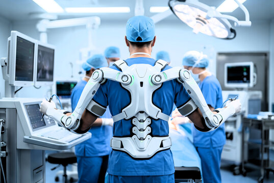 Surgeon wearing robotic exoskeleton performing surgery in a modern hospital operating room environment