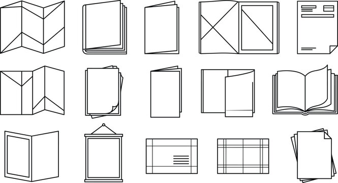 Print layout brochure booklet and book vector line icon set for publishing design templates