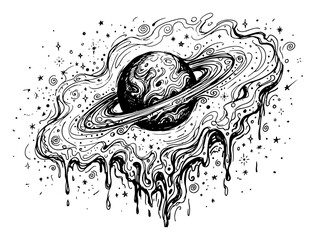 Melting planet Saturn with rings and cosmos nebulae in surreal dripping line art style © Mago