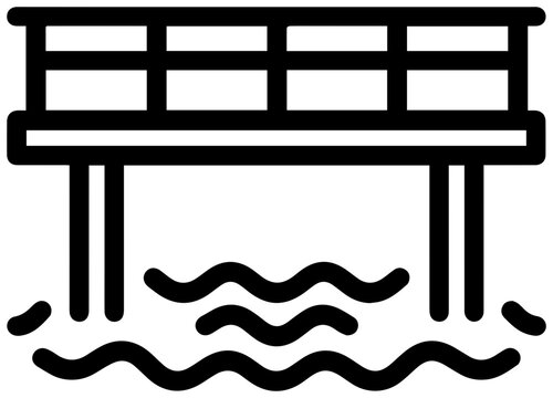 Minimalist black line icon of a pier over water with depicts simple black extending over wavy illustration architecture structure stylized with graphic