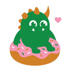 Fototapeta premium Green dinosaur sitting on pink frosted donut with sprinkles