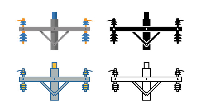 Steel Crossarm Icon with Electrical Structure Power Distribution and Grid Symbols in Flat, Silhouette, Outline and Glyph Design