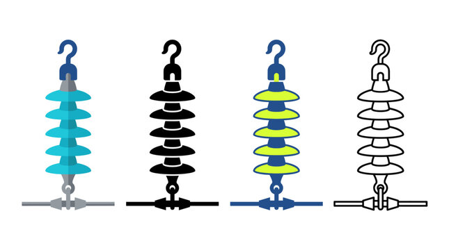 Glass Insulator Icon with Suspension Insulator Electrical Transmission Utility Pole and Power Line Symbols in Flat, Silhouette, Outline and Glyph Design