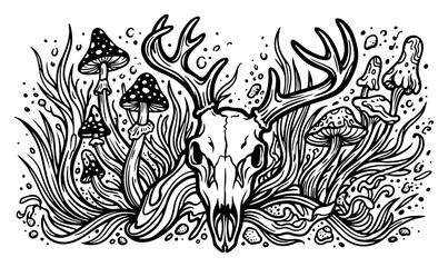 Obraz premium Animal skull with antlers surrounded by mushrooms and grass in textured linocut style