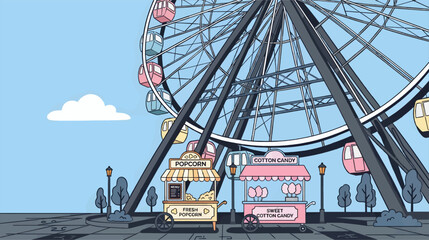 Flat Vector Illustration of a Ferris Wheel with Colorful Gondolas and Amusement Park Food Stalls, Popcorn and Cotton Candy Carts on Paved Ground with Trees and Street Lamps, Bright Blue Sky with © titin
