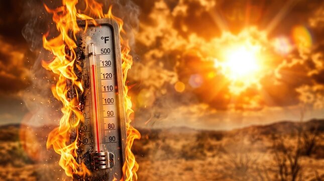 Thermometer engulfed in flames with a desert landscape background