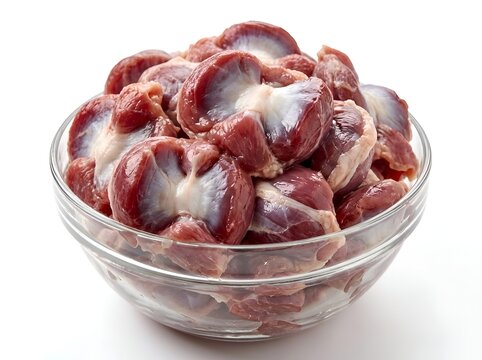 Fresh raw chicken gizzards in a glass bowl isolated on white background with gizzards ingredient isolated background nutrition culinary