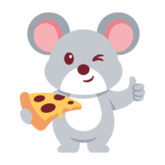 Obraz premium Cute Grey Mouse Holding a Slice of Pepperoni Pizza Giving a Thumbs Up Sign Isolated on White
