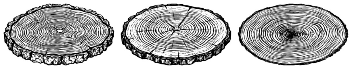 Tree trunk cross sections showing growth rings in detailed realistic wood grain style © Mago