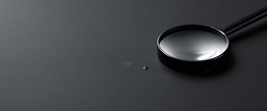 Magnifying glass on dark surface closeup