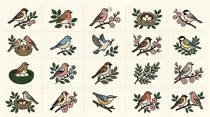 Set of 18 Flat Vector Icons of Various Birds on Branches with Flowers and Nests, Spring Nature Graphics, Minimalist Style © titin