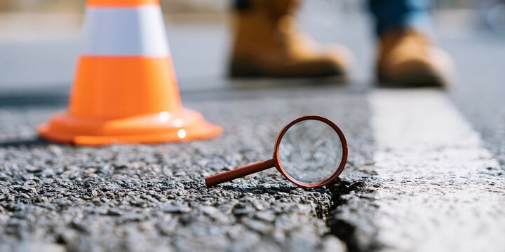 Magnifying glass inspecting road