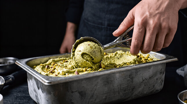 hands scooping an ice cream, pistcahio flavor dessert