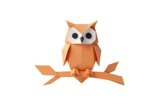 Orange Origami Owl Perched on Paper Branch with Geometric Leaves