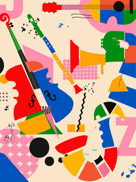 Abstract Music Background, vector illustration. Collage with musical instruments.