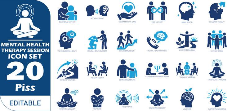 Mental health and therapy session icon set featuring counseling, psychotherapy, stress relief, anxiety, depression, meditation, emotional support, and wellness psychology symbols.