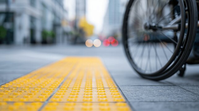 Wheelchair near tactile paving on city street