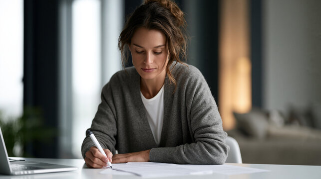 A woman with dyslexia uses a text-to-speech stylus to scan a dense legal document at a minimalist white desk, calm and methodical, morning light harsh and clean, perfect for
