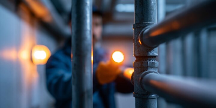 Industrial worker inspecting metal pipes