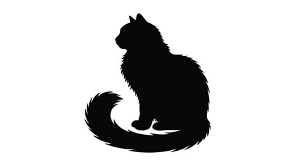 Cat silhouette shows a fluffy feline sitting calmly with a curled tail against a white background. © Sadee Girl