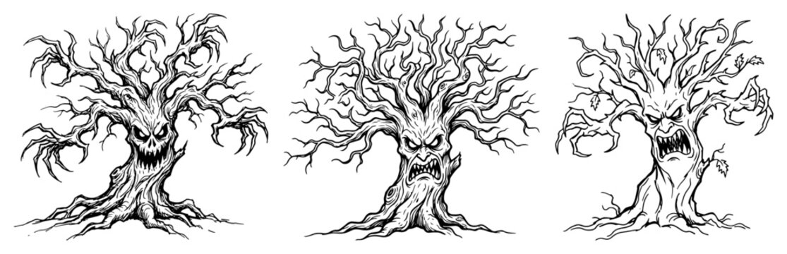 Spooky trees with scary faces and gnarled branches in dark fantasy line art style
